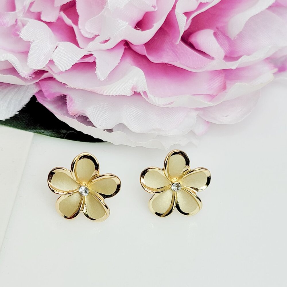 Gold Plumeria CZ stud earrings - Picture 3 of 3